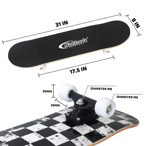 Nattork 31 Inch Complete Skateboard, Standard Skateboards Gift for Beginners, Wood 9 Layer Canadian Maple Trick Skate Boards for Boys Girls Youth Teens Checkerboard