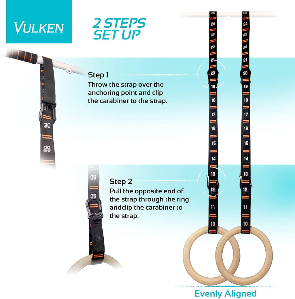 Vulken Adjustable Gymnastic Rings Straps - Quick Hook System for Easy Setup | One Pair