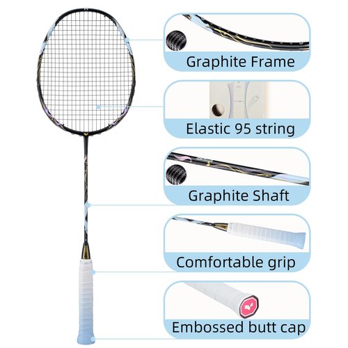 YODIMAN Single Professional Badminton Racket for Advanced Players - 50T Graphite Carbon Fiber with Aerodynamic Frame, Pre-Strung 26lbs, Ultra-Light 5U for Club & Tournament