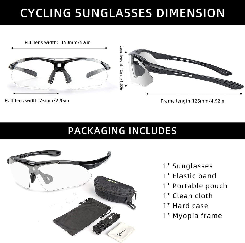 ROCKBROS Photochromic Pickleball Glasses - Cycling Sunglasses with Removable Elastic Band | Unisex Fit