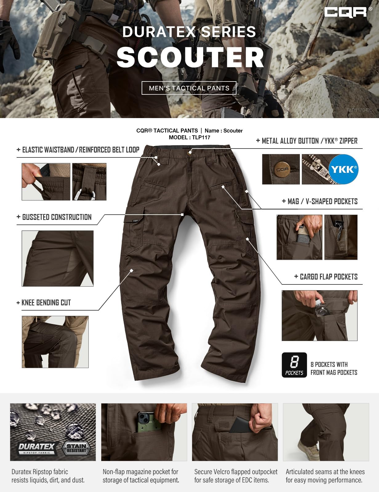 CQR Men's Tactical Pants, Water Resistant Ripstop Cargo Pants, Lightweight EDC Work Hiking Pants, Outdoor Apparel, Raider Dark Brown, 38W x 34L