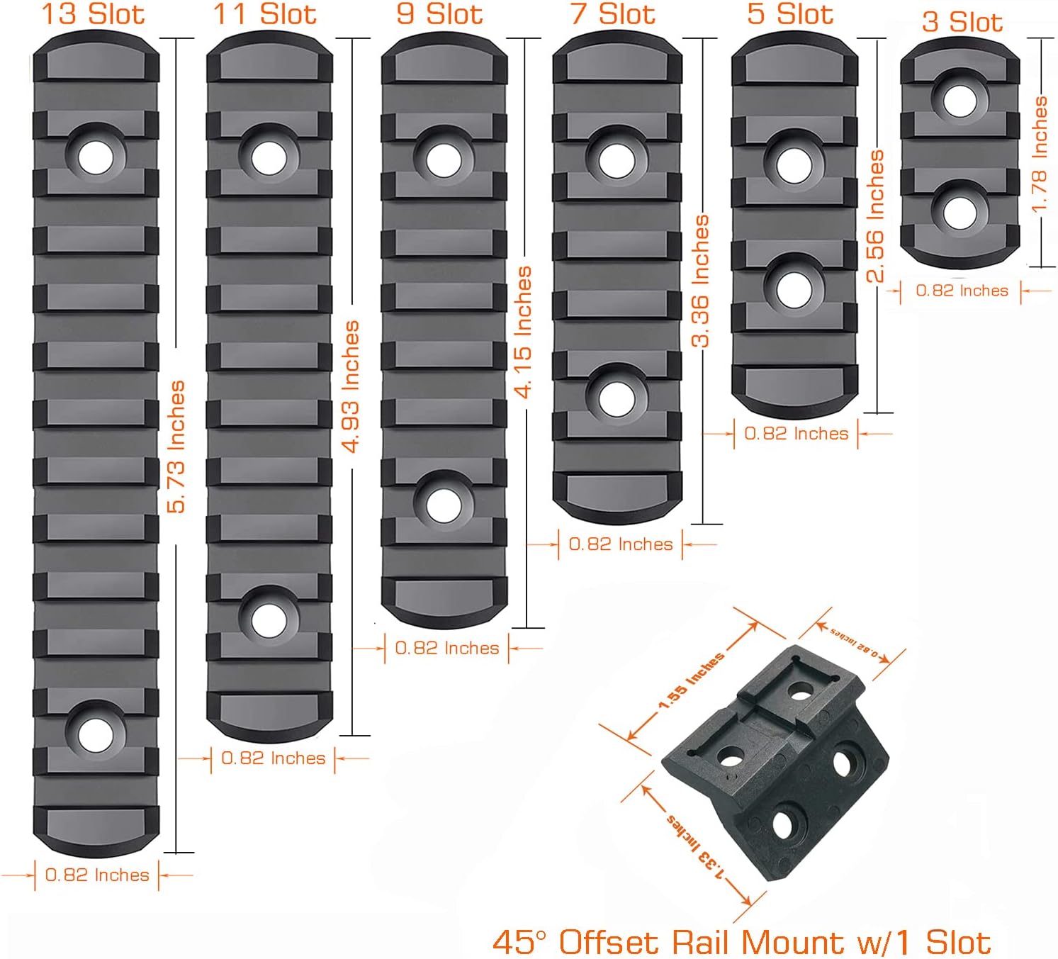 Picatinny Rail - 3, 5, 7, 9, 11, 13-Slot Mlok Polymer Section with Offset Mount, T-Nuts & Allen Wrench