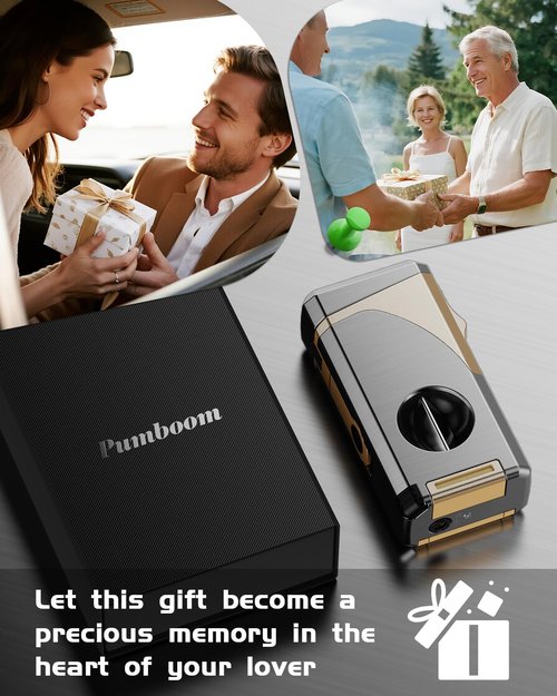 Cigar Lighter, 6-in-1 Cigar Torch Lighter with Cigar Cutter V Cut & Straight Cutter Cigar Punch Cigar Holder Cigar Draw Enhancer, 3 Jet Flame Torch Lighter Refillable Butane Lighter Cigar Gift for men