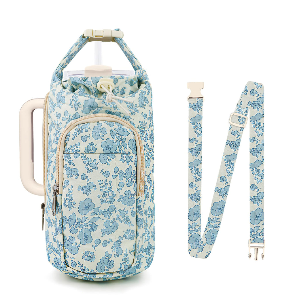 Water Bottle Holder Bag with Strap, Quilted Floral Bag for Stanley Cup, 40/32 oz Crossbody Pouch Gym Accessories, Sling Purses with Phone Pocket for Men Women Hiking Travelling Camping (Blue)