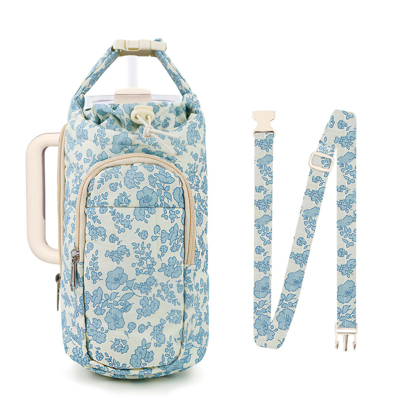 Water Bottle Holder Bag with Strap, Quilted Floral Bag for Stanley Cup, 40/32 oz Crossbody Pouch Gym Accessories, Sling Purses with Phone Pocket for Men Women Hiking Travelling Camping (Blue)
