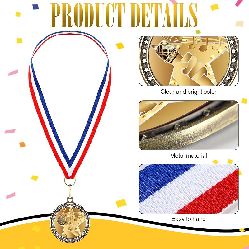 12 Pcs Microphone Medal with Neck Ribbons - Classic Gold, Variation of THIS listing: 1+Classic