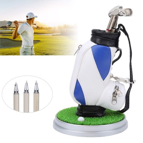 LZKW Desktop Office Golf Pens with Bag, Golf Bag Pen Holder, Souvenir Set for Fathers Fans Men Golfer(Blue and White)