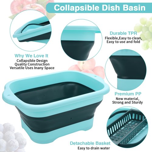 Collapsible Dish Basin with Drain Plug and Portable Sink, 11L(2.91 Gallon) collapsible Bucket with Sink, FoldableWash Basin for Station Campin/Camping/Rv/Kitchen (Green)