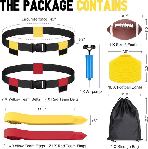Flag Football Set by [Brand Name] - Adjustable 14/20 Player Belts with Cones, Football, Pump & Bag for Youth and Adults