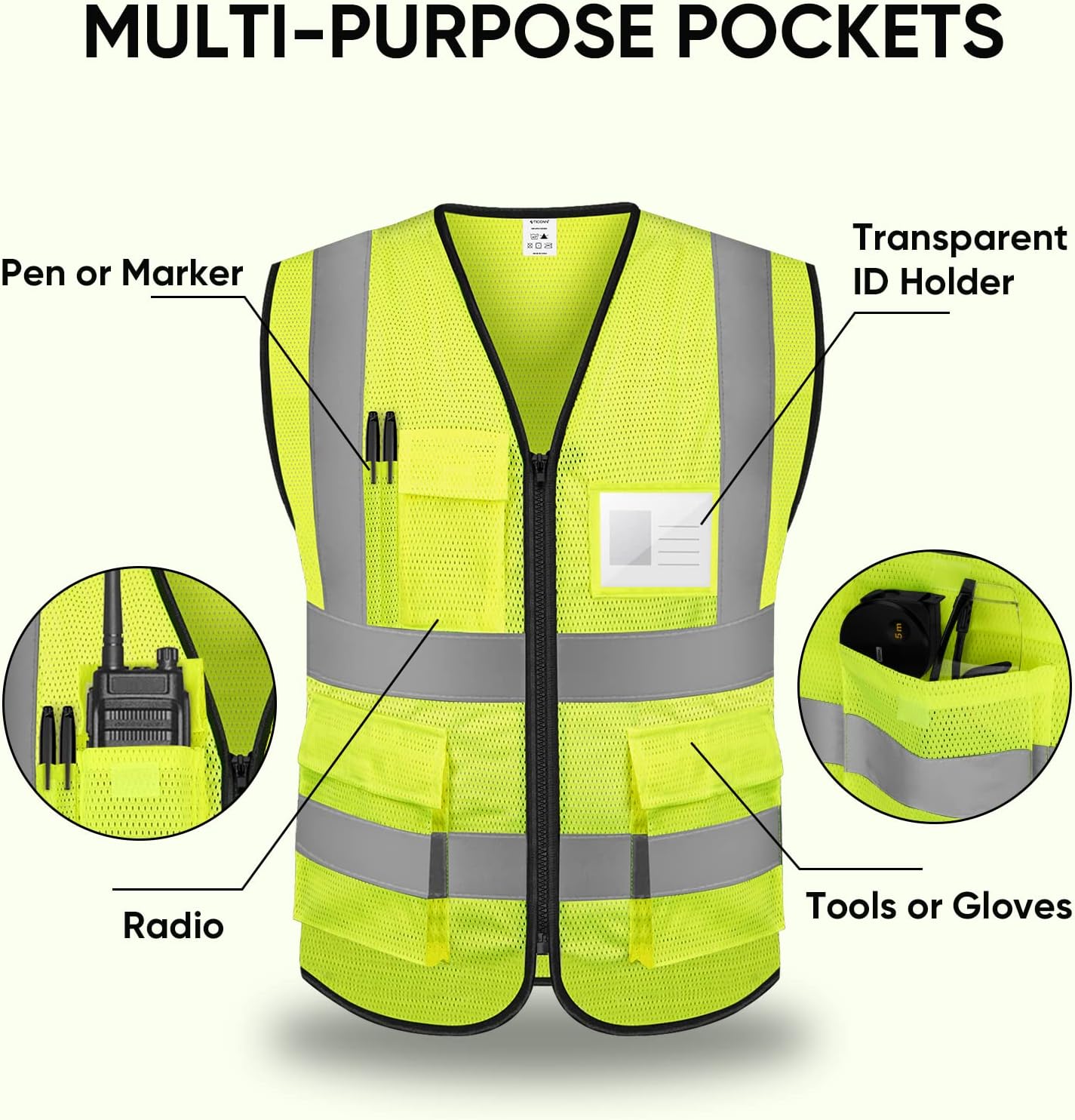 TICONN High Visibility Reflective Safety Vest - Class II Mesh for Men & Women | ANSI Compliant