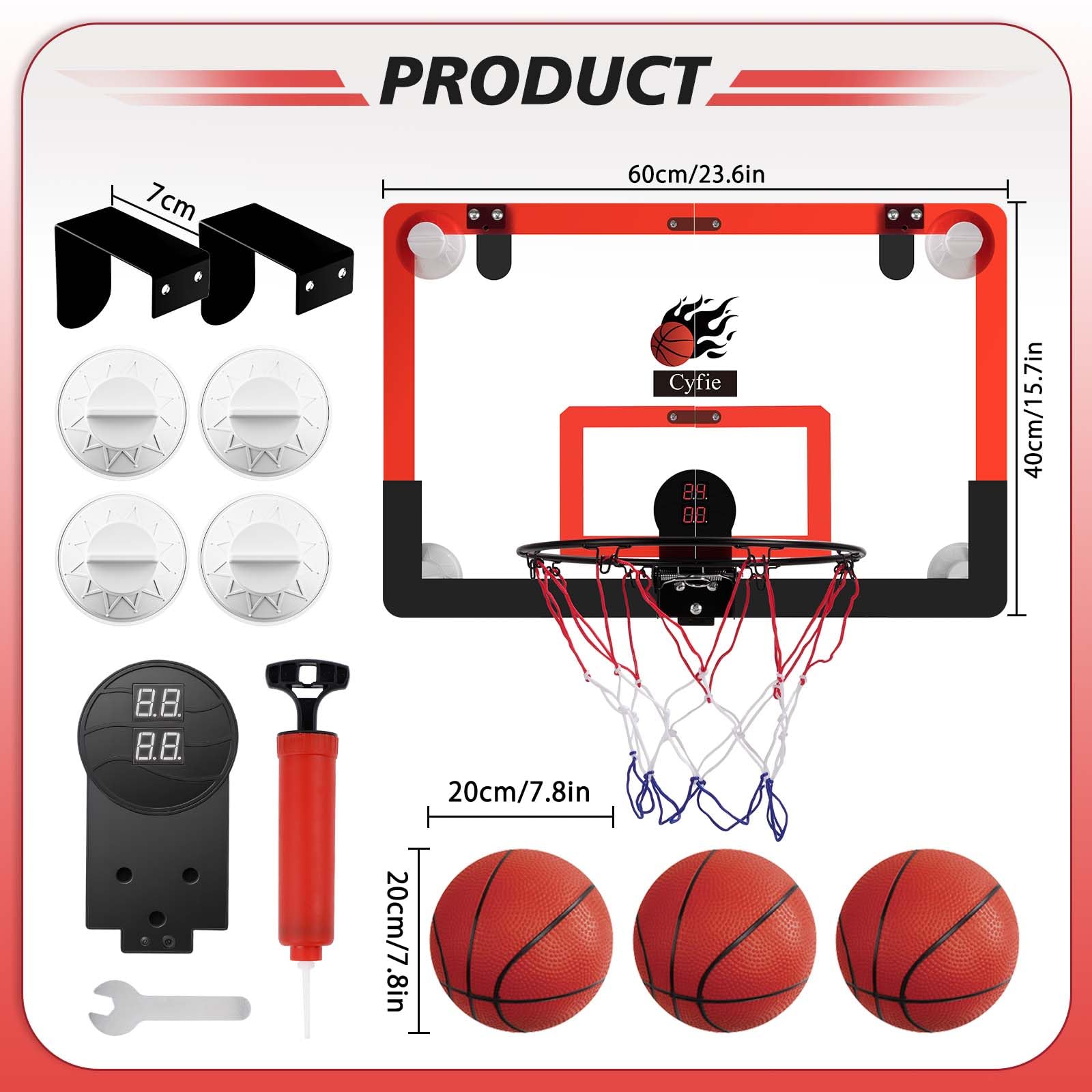 CYFIE 24" x 16" Large Basketball Hoop, Suction Cup/Over The Door Basketball Hoop with Sturdy Backboard/Electronic Scoreboard,Sound,3 Balls, Basketball Toys Gifts for Adults Kids Teens Boys Girls