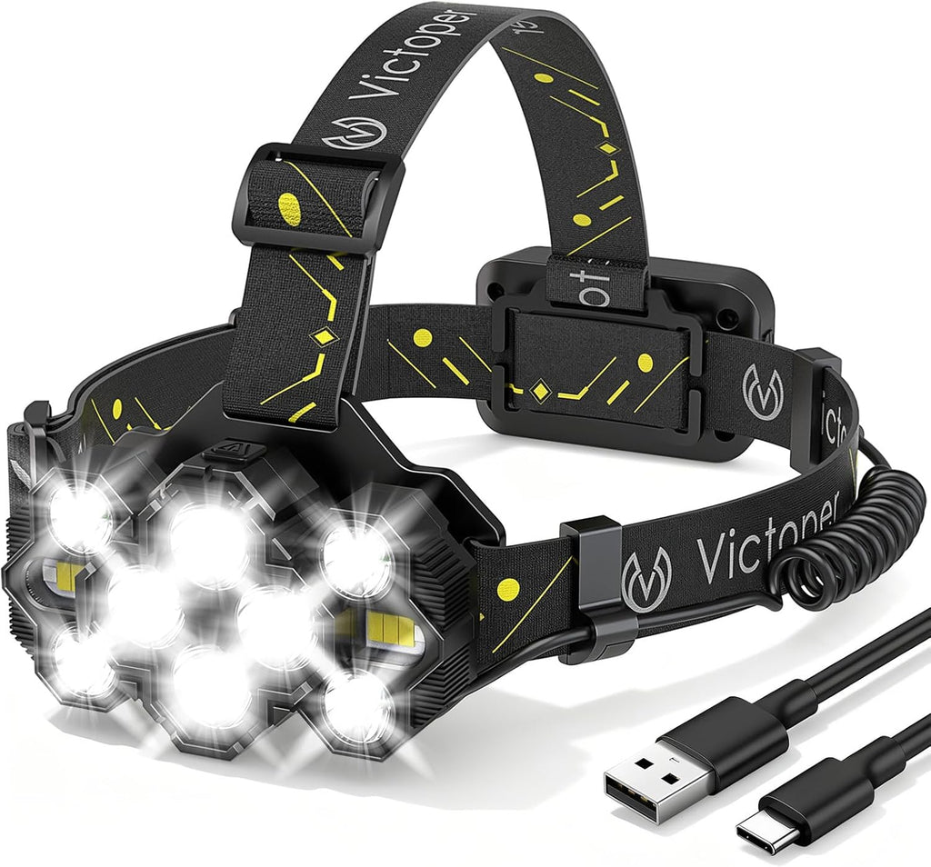 Victoper Rechargeable Headlamp - High Lumen 10 LEDs with 8+2 Modes & Red Light | Waterproof for Outdoor Activities