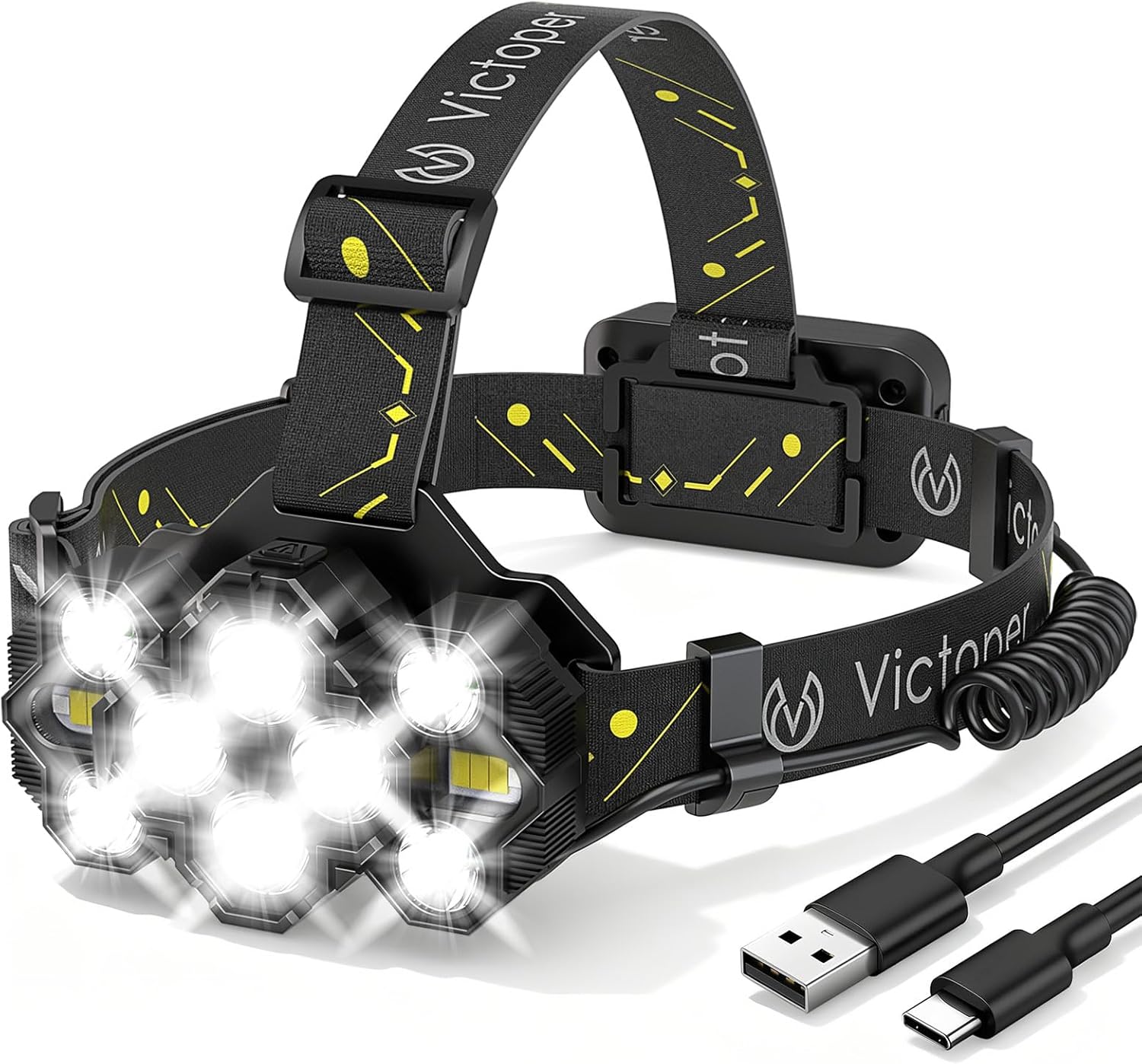 Victoper Rechargeable Headlamp - High Lumen 10 LEDs with 8+2 Modes & Red Light | Waterproof for Outdoor Activities