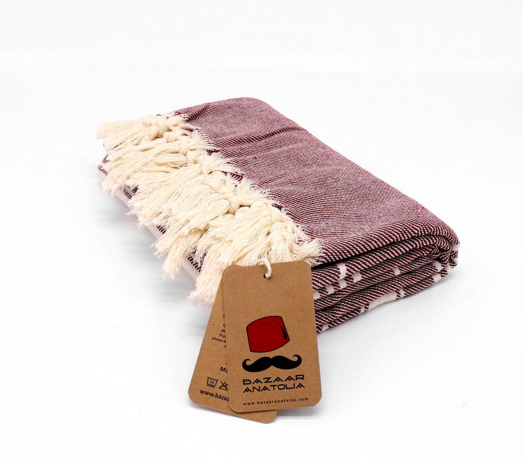 Bazaar Anatolia Turkish Beach Towel – 100% Cotton, Quick Dry, Sand Free Towel for Bathroom, Camping, Travel, Burgundy – Oversized 71x39 Inches – Stripe Maroon