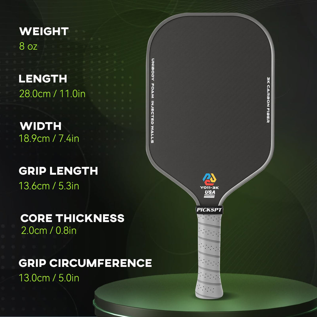 PICKSPT USAPA Approved Pickleball Paddle - 3K Carbon Fiber Surface, 16mm Polypropylene Honeycomb Core, 8oz Lightweight, Thermal Compression Tech, Anti-Slip Grip