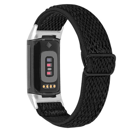 T-BLUER Stretchy Strap Compatible with Fitbit Charge 5, Soft and Adjustable Elastic Bracelet, Woven Nylon Sports Bracelet for Men and Women, Black