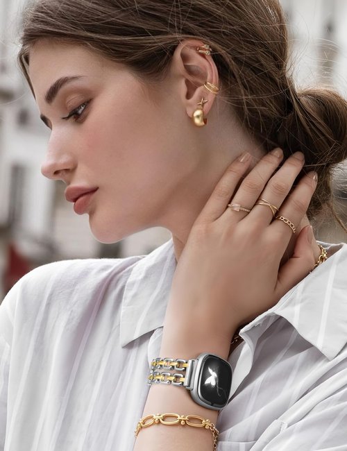 Wearlizer Metal Band Compatible with Fitbit Versa 4 Bands for Woman/Versa 3/Sense 2/Sense Bands Women, Dressy Chain Strap Designer Stainless Steel Bracelet Wristband