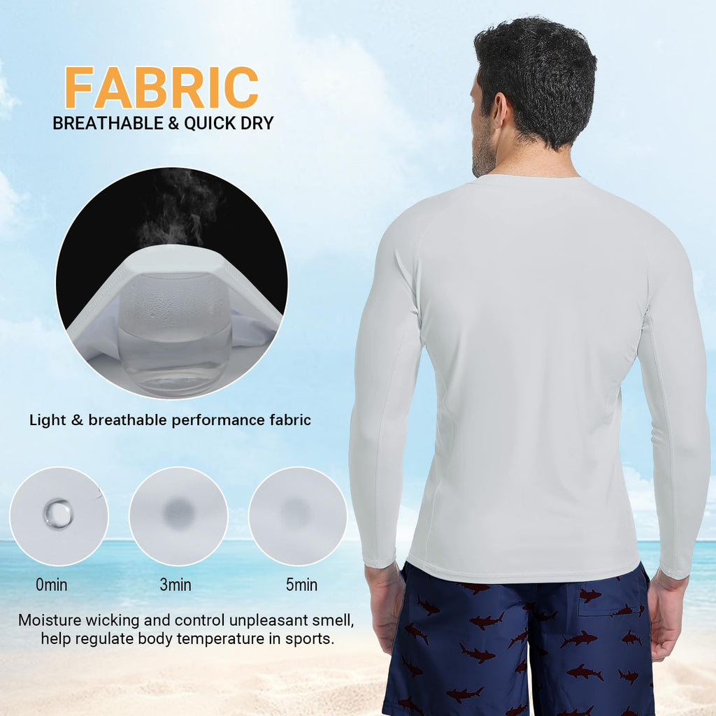Sun Protection Swim Shirts for Men: SPF UPF 50+ UV Long Sleeve Rash Guard for Fishing Hiking Running Workout Athletic White
