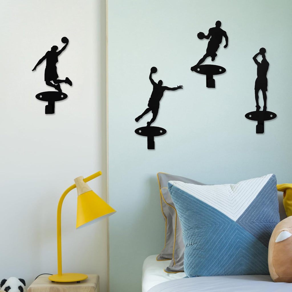Xedatric Basketball Players Coat Hooks - 4 Piece Slam Dunk Silhouette Wall Mounted Metal Hangers for Teen Boys' Room Decor