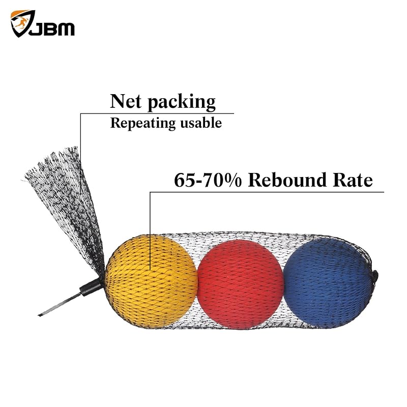 JBM 5.5 cm Racquetball Balls (Red, Blue, Yellow) in Net — 3-Pack, 65-70% Rebound