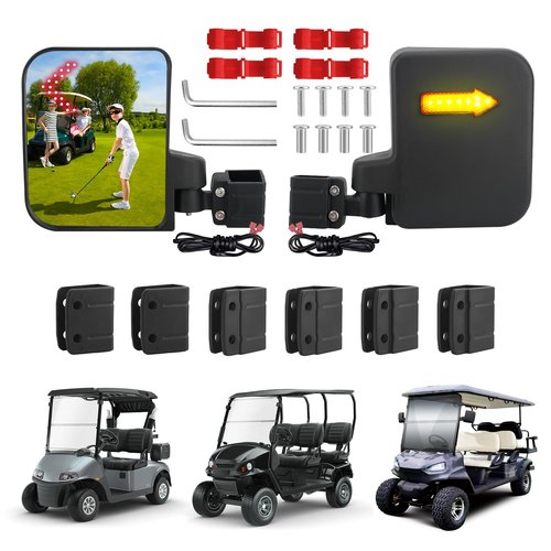 Omgro Golf Cart Side View Mirrors, Golf Cart Mirrors with Turn Signal Light, No Drilling Foldable Golf Cart Side Mirrors Compatible with Ezgo Yamaha ICON Club Car (3 Size Clips)