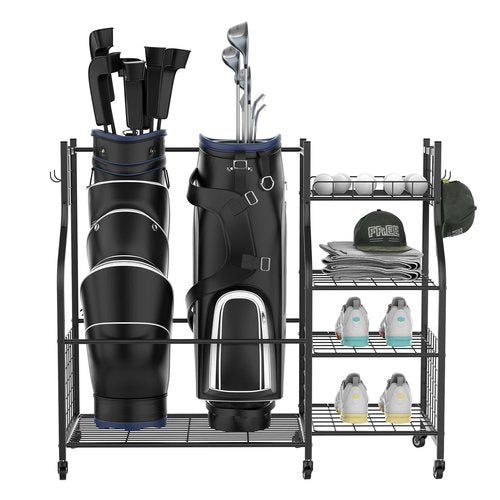 WALMANN Garage Golf Bag Storage Organizer Stand, Extra Large Golf Bag Stand with Golf Accessories Storage Shelves Rolling Golf Bags Organizer