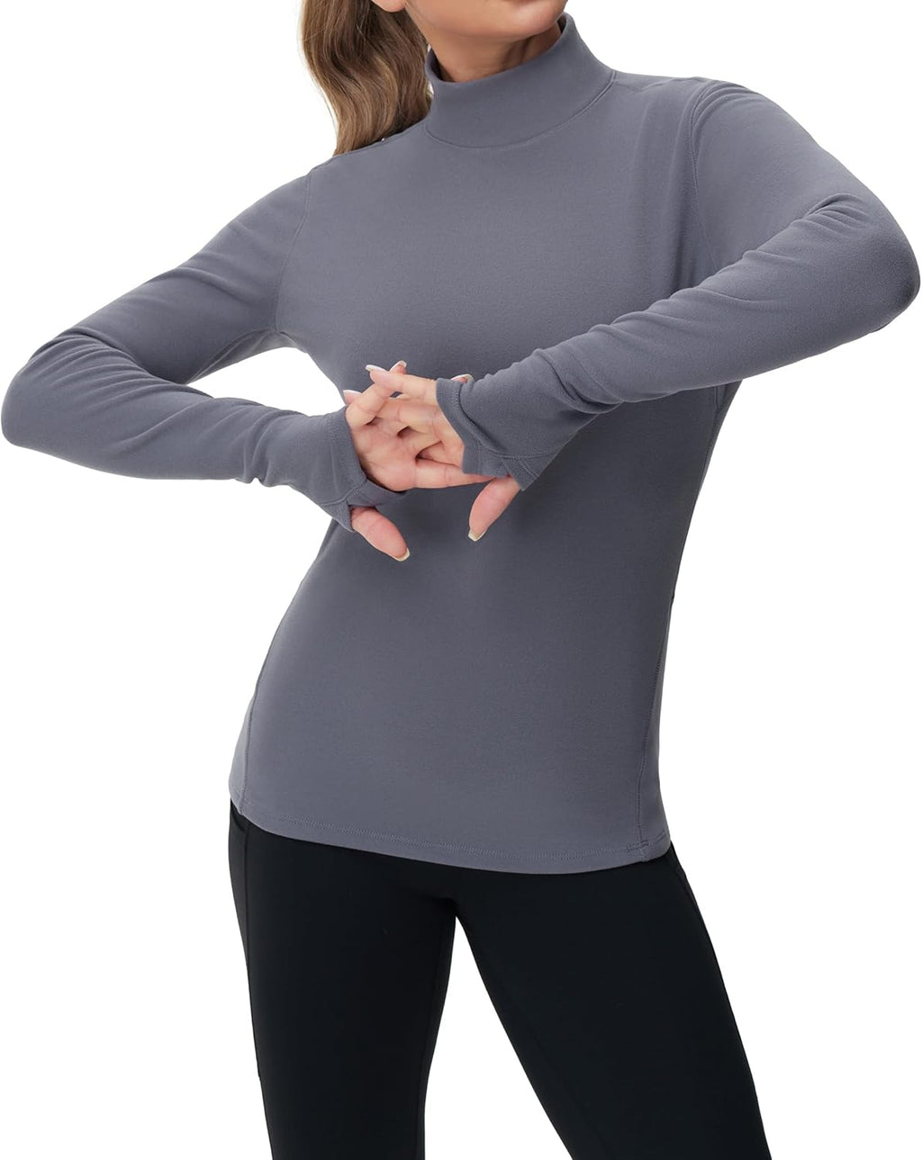 The Gym People Women's Fleece Thermal Mock Turtleneck Long Sleeve Pullover Top - Thumb Hole Design