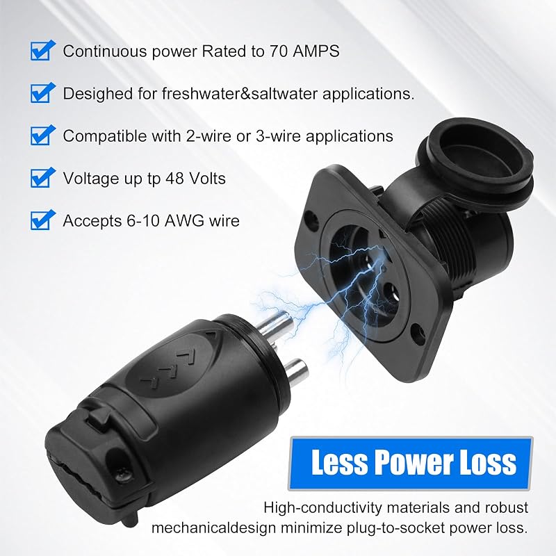 70A Trolling Motor Plug & Receptacle for 2/3-Wire Systems, 12V-48V Marine Power Connector