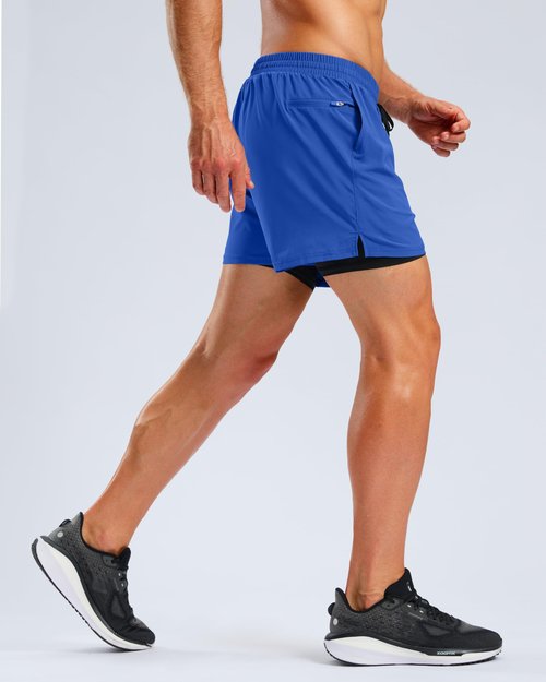 Pudolla Men's 2 in 1 Workout Running Shorts 5" Quick Dry Lined Gym Shorts Athletic with 4 Pockets for Men Tennis Training(Bright Blue Large)