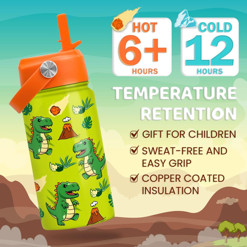 Skiennix Dinosaur Water Bottle - Insulated 12 Oz Stainless Steel T-Rex Cup with Straw Lid for Kids