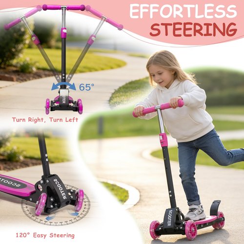 HOSKO Kick Scooter for Kids 2-7 Age， Light up 3 Wheels Kick Scooter, Heavy Duty Folding Lean-to-Steer Scooters with 3 Adjustable Handlebar for Boys Girls Pink