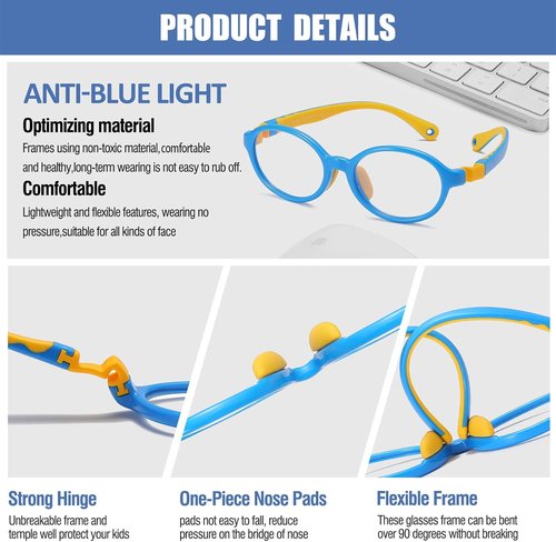 DUCO Blue Light Glasses for Kids - Anti-Glare Eyewear with Strap for Ages 6-10 | Stylish & Comfortable