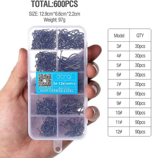 DONQL Fishing Hooks - 600Pcs Barbed Single Carp Hooks Kit for Freshwater & Saltwater Fishing