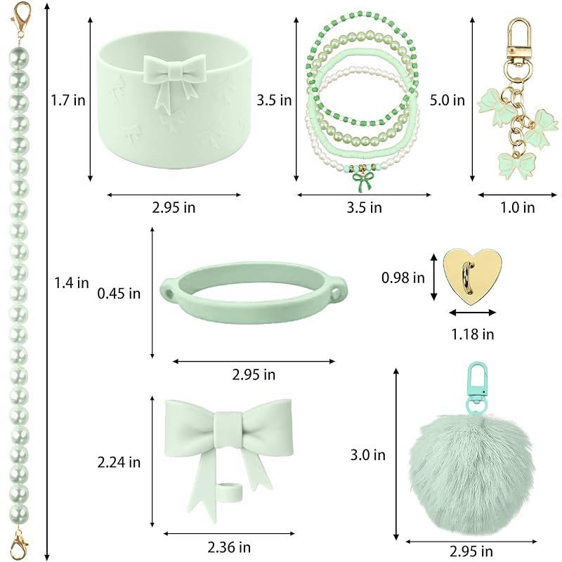 11pc Stanley Cup Accessories Set – Light Green Variation 02: Bow Straw Cover, Pom Pom Keychain & Beaded Charms