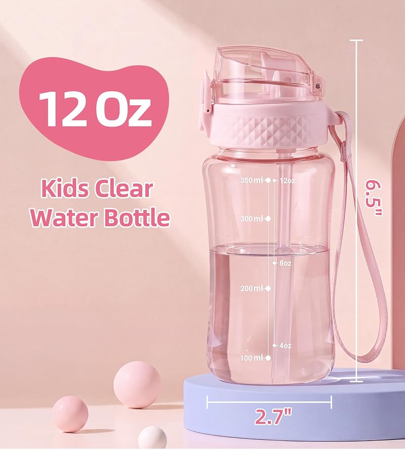 OLDLEY Kids Water Bottle with Straw 12oz Cherry Blossom - Tritan BPA-Free, Time Marker