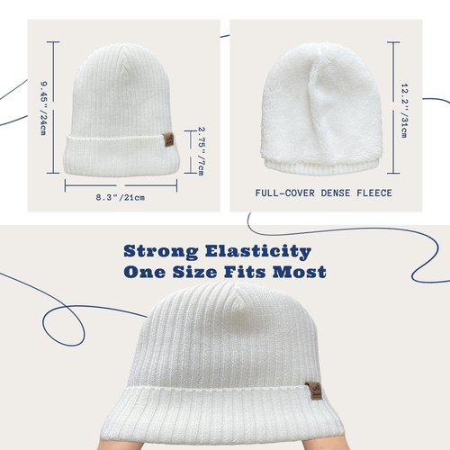 ACUSHLA Waterproof Windproof Cuff Beanie for Men & Women - Fleece-Lined Thick Warm Knitted Winter Hat for Cold Weather Unisex Heavyweight Watch Cap, Creamy White