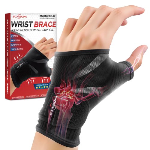Sinbowl Carpal Tunnel Wrist Brace, Adjustable Wrist Compression Sleeve Hand Brace for Wrist and Thumb Pain Relief, Arthritis, Tendonitis, Sprains, Sports, Unisex, Fits Left & Right Hands - M