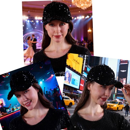 Awlsyj Women's Girls Sequin Baseball Cap Trucker Hat Sun Hat Golf Visor Sparkly Bling 80s Party Hat (Black, One Size)
