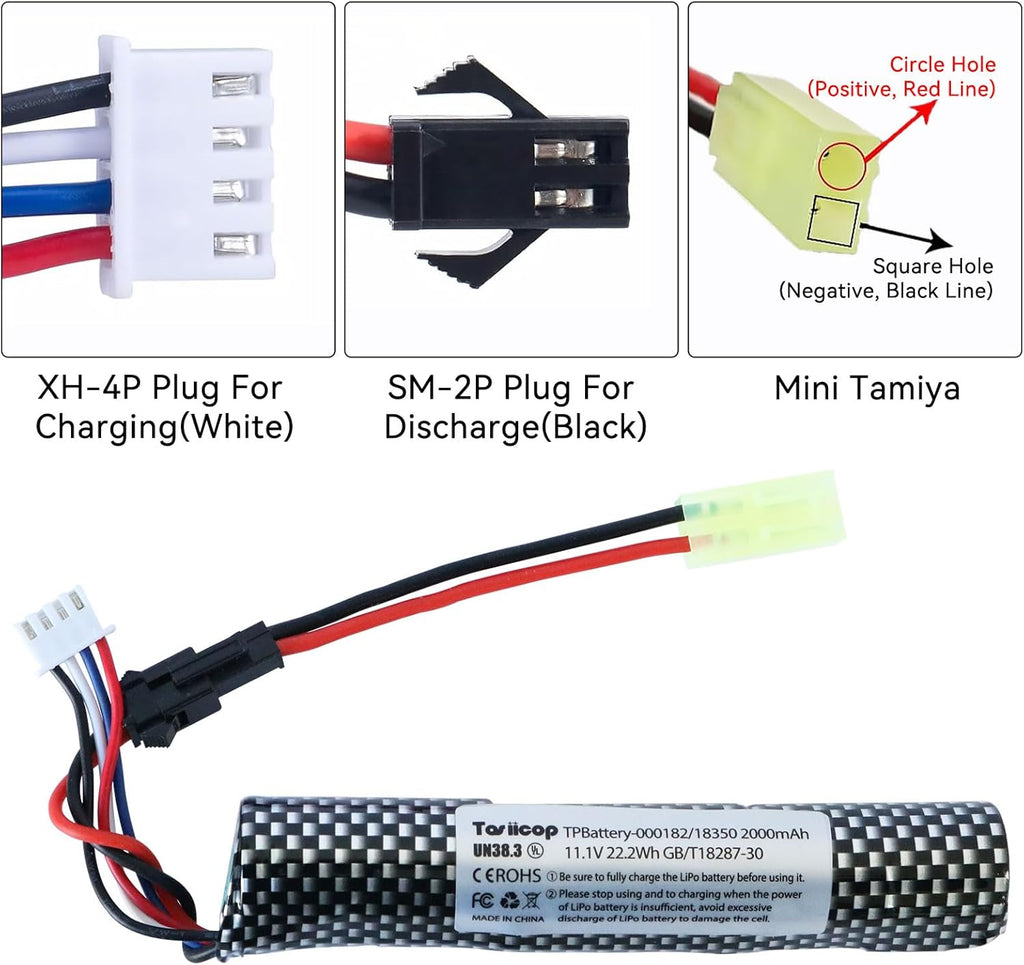 11.1V Battery Gel Blaster - High-Capacity 2000mAh Airsoft Battery with Charger & Mini Tamiya Connector