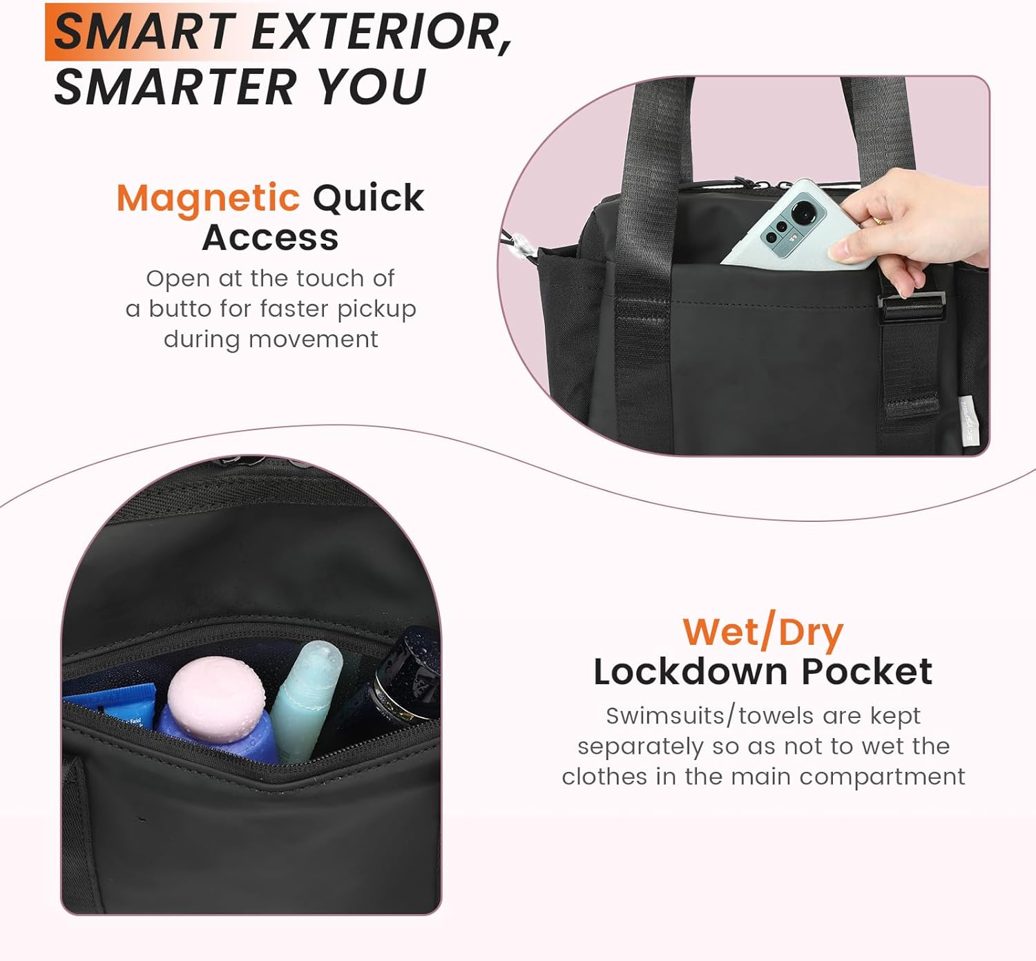 SKYSPER Small Gym Bag for Women - Lightweight Waterproof Mini Tote with Wet Compartment | Stylish Black Duffle for Sport & Commute