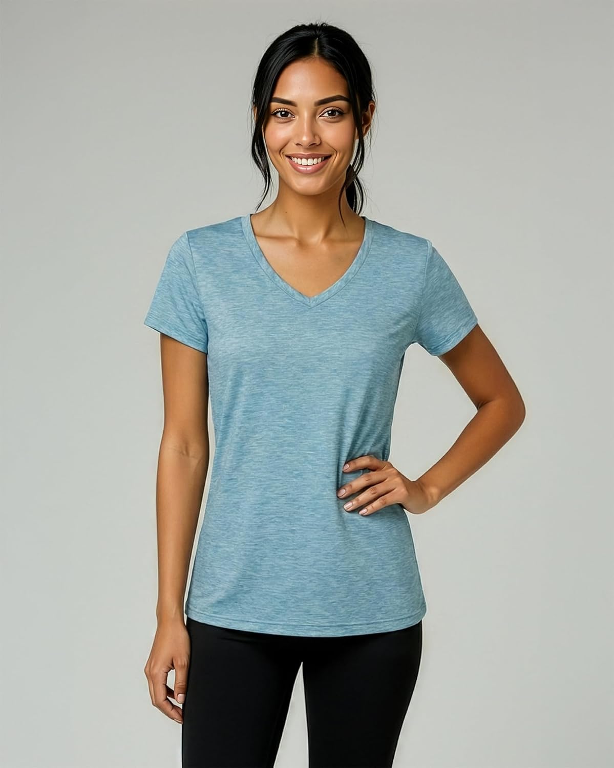 Real Essentials Women's Dry-Fit Short Sleeve V-Neck T-Shirt - 5 Pack Workout & Yoga Tops (Plus Size Available)