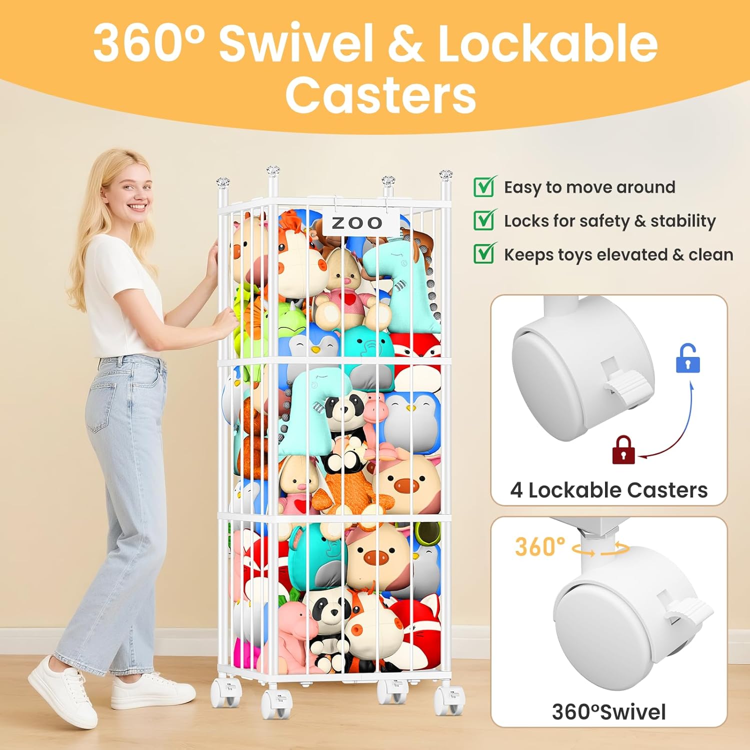 TomCare Extra Large Stuffed Animal Storage - Space-Saving Organizer with 4 Lockable Wheels for Playroom & Bedroom