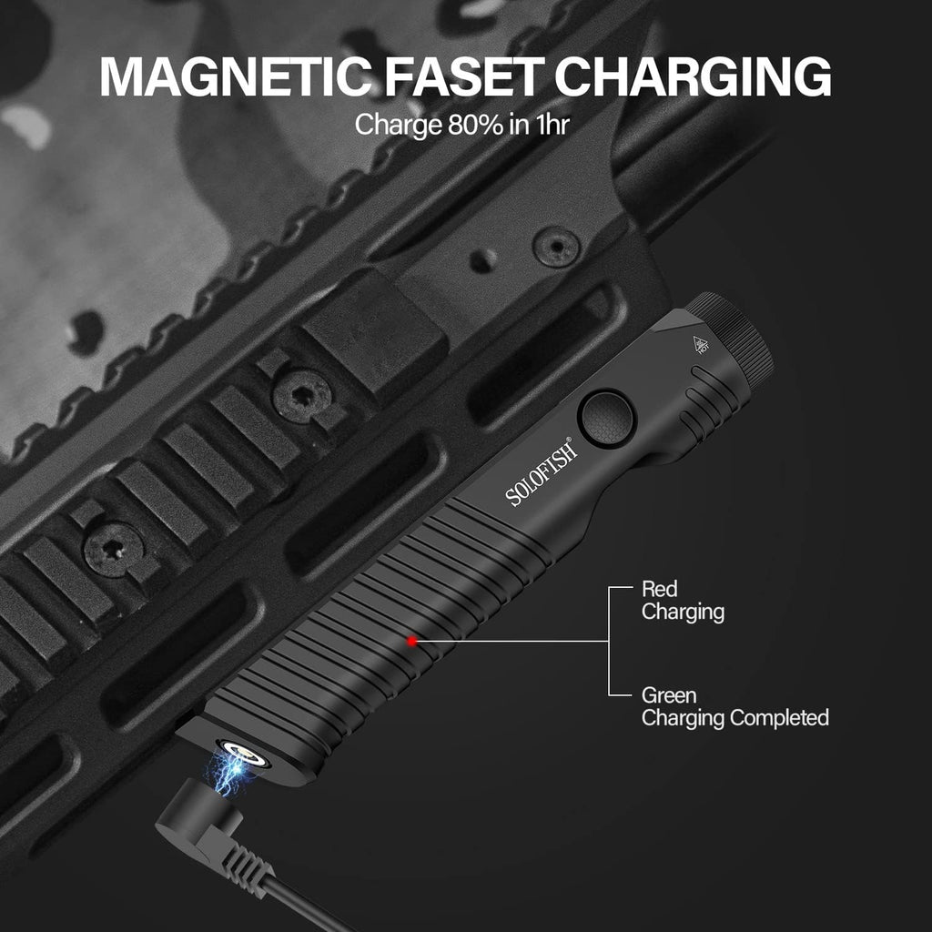 Solofish Tactical Flashlight - 1450 Lumens with Green Laser Sight | Magnetic Rechargeable, Mlok Rail Compatible
