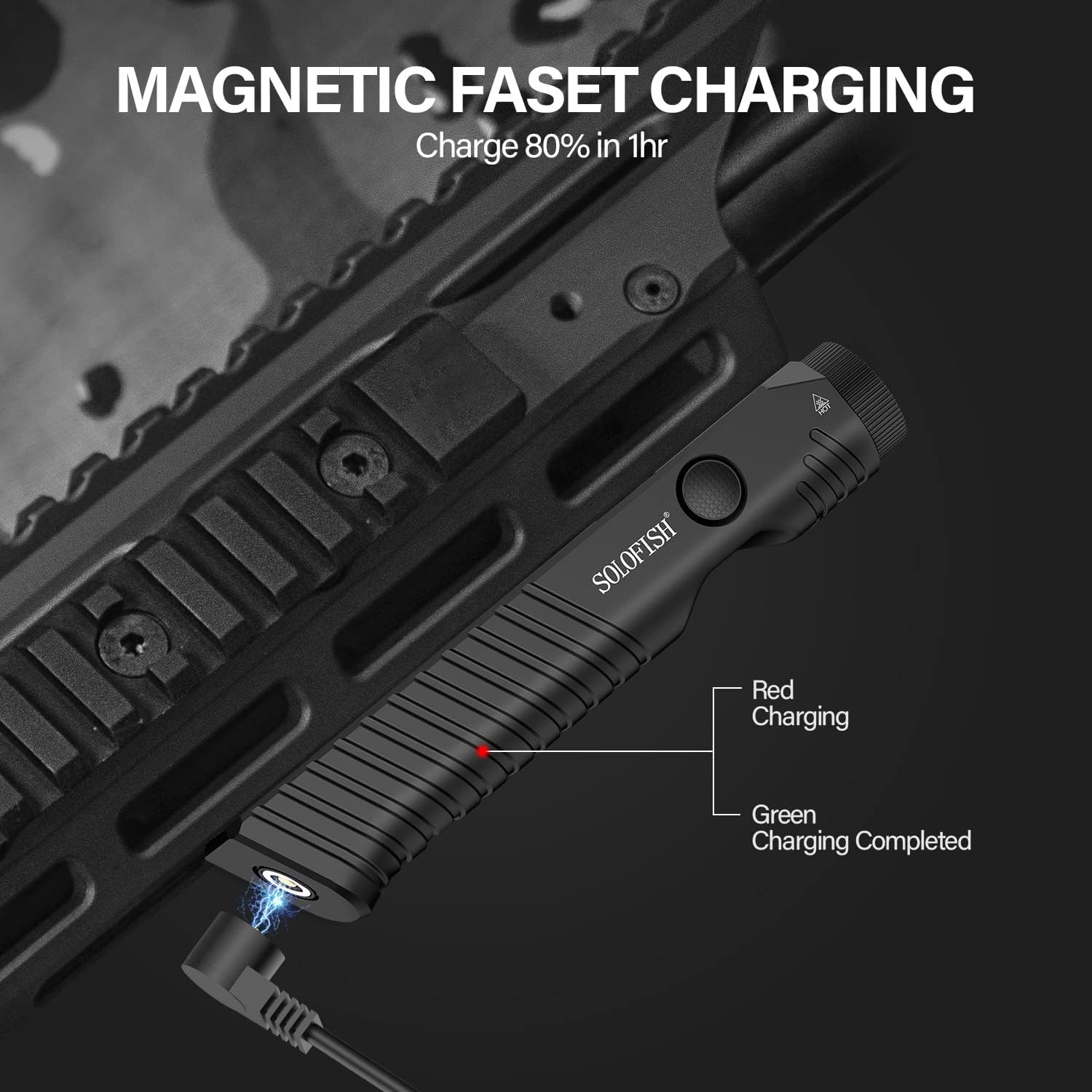 Solofish Tactical Flashlight - 1450 Lumens with Green Laser Sight | Magnetic Rechargeable Mlok Rail Combo