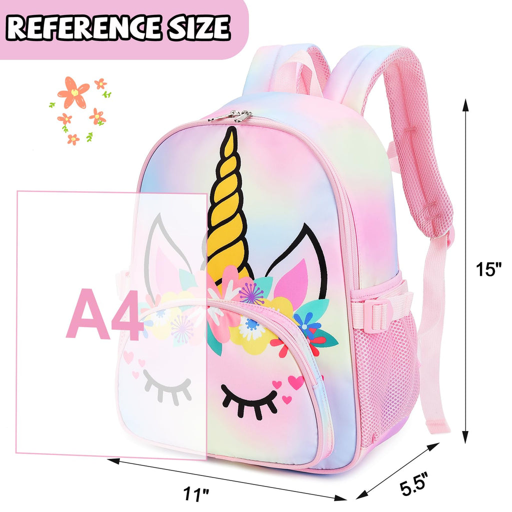 Kids Backpack Girls School Backpack Preschool Kindergarten Unicorn Toddler BookBag with Chest Clip (Tie Dye headband)
