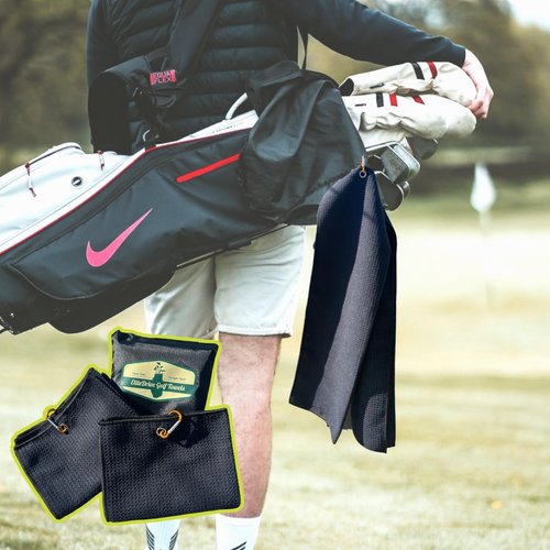 Luzia EliteDrive Golf Towels 2-Pack Set | with Carabiner Clips for Golf Bags | Premium Microfiber, Waffle Pattern | Comes in a Stylish Bag, Black