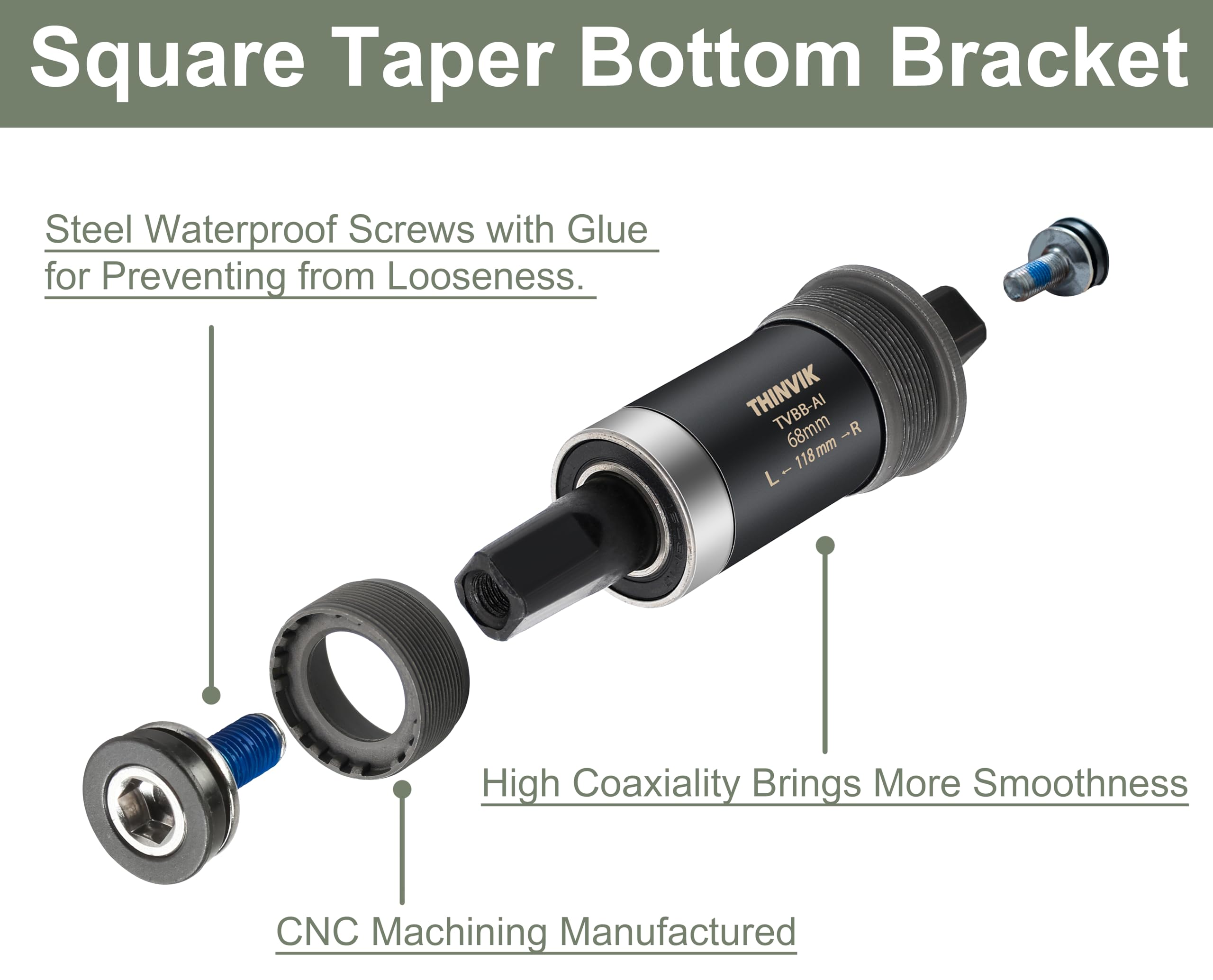 Thinvik Square Tapered Bottom Bracket - 68mm English BSA Compatible with Shimano BB-UN26/BB-300/BB-100/BB-101, 68mm x 107 110 113 116 118 122.5 127