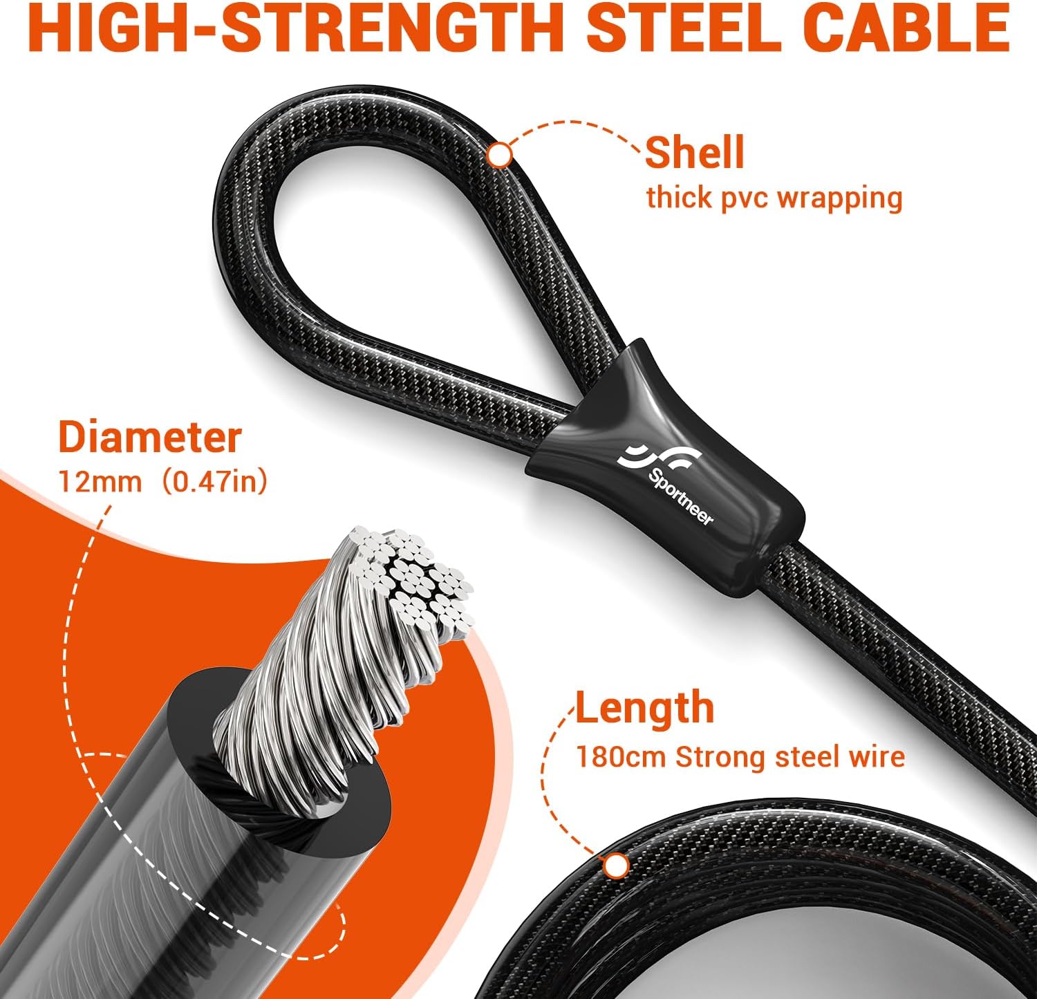 Sportneer Heavy Duty Bike U Lock - 18mm Shackle with 6ft Security Cable & Mounting Bracket | 11.5''x6.25''