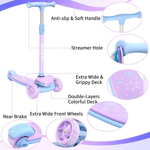 BELEEV Scooter for Kids Ages 3-12, 3 Wheel Folding Scooter for Toddlers Girls Boys, PU LED Light-Up Wheels, 4 Adjustable Height, Lean to Steer, Three Wheel Kick Scooters for Children (Purple)