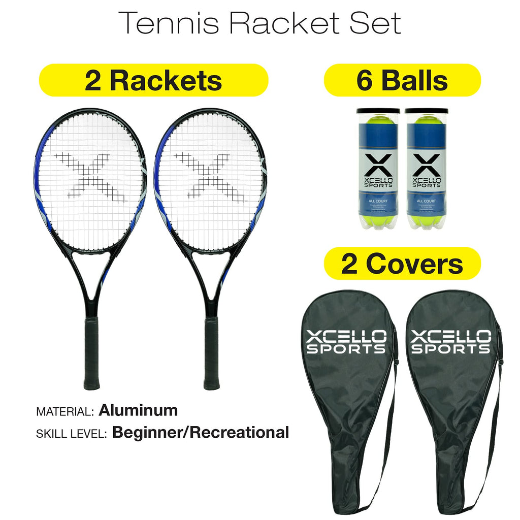 Xcello Sports 27" Aluminum Racket Set (Blue/Black) with 2 Tubes of Tennis Balls and 2 Covers